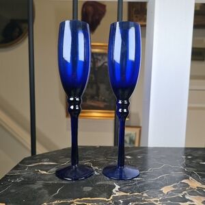 Vintage Cobalt Blue Champagne Flutes Tall Stem Pair